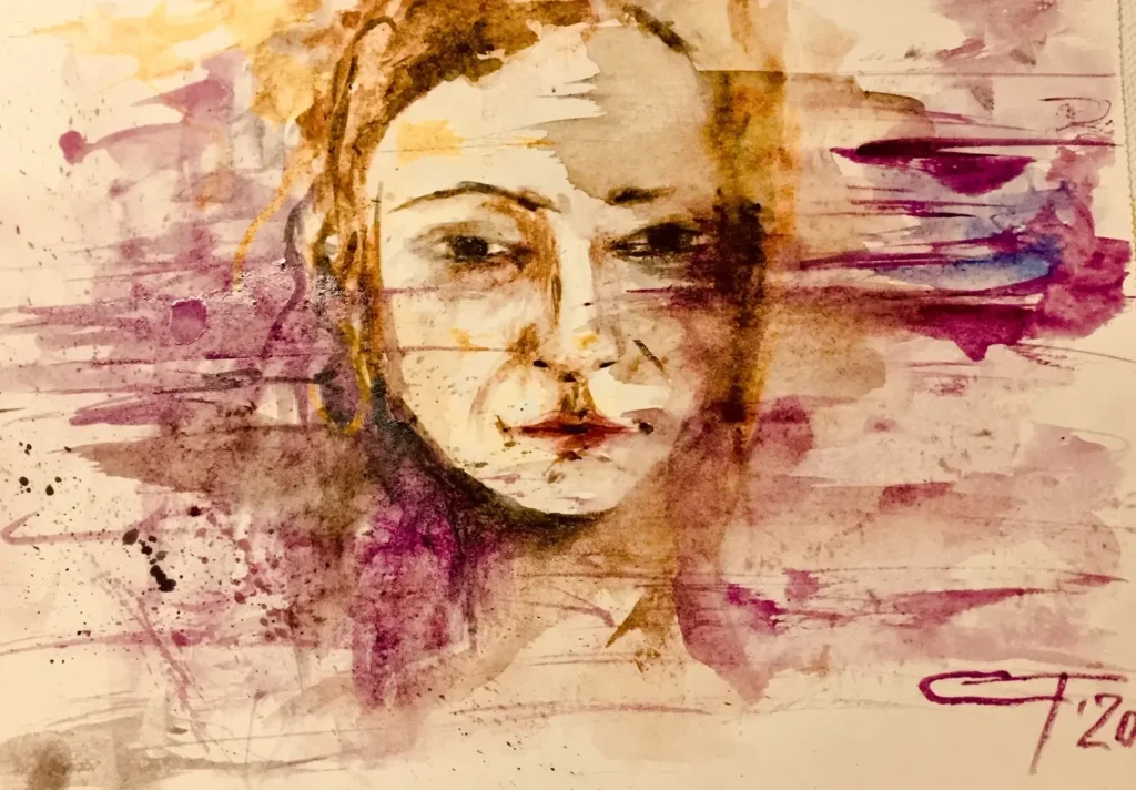 Chip de femeie în tușe de sepia și violet