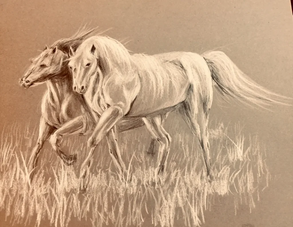 Doi cai albi în galop prin iarbă, pe hârtie maro