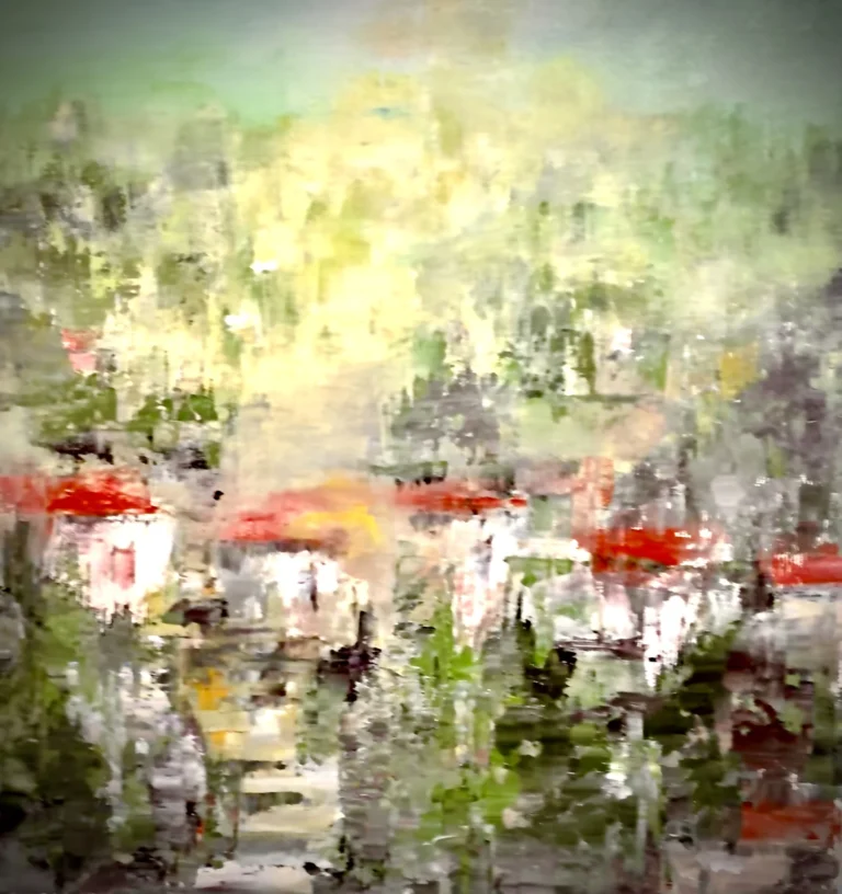 Peisaj luminos în verde și galben, cu pete roșii, aproape abstract